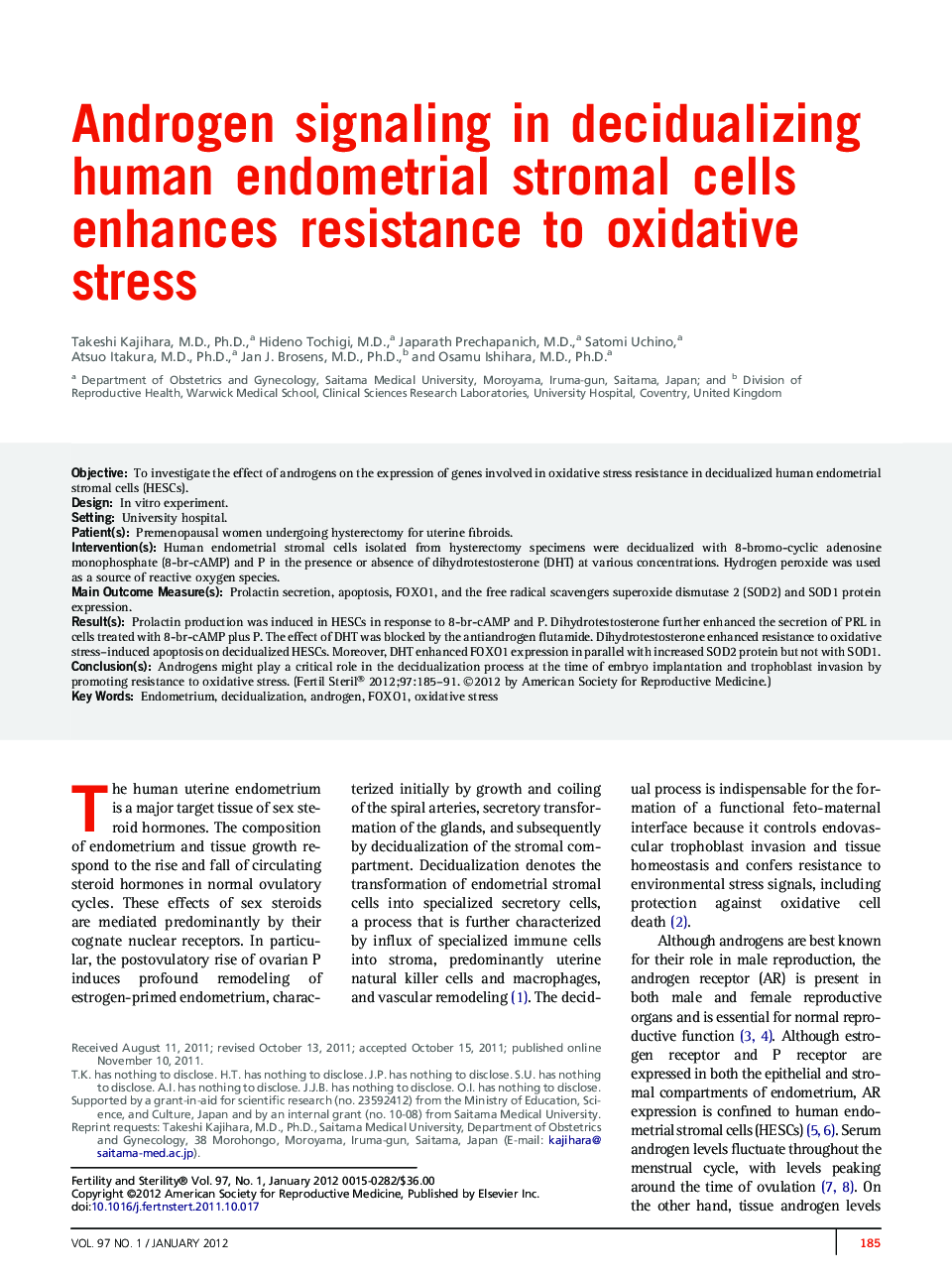 Androgen signaling in decidualizing human endometrial stromal cells enhances resistance to oxidative stress 