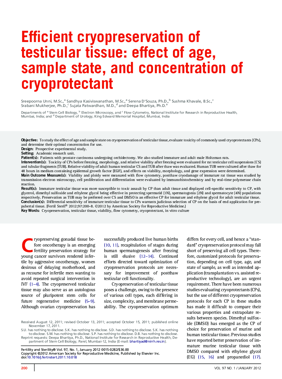 عکس صفحه اول مقاله: Efficient cryopreservation of testicular tissue: effect of age, sample state, and concentration of cryoprotectant Efficient cryopreservation of testicular tissue: effect of age, sample state, and concentration of cryoprotectant