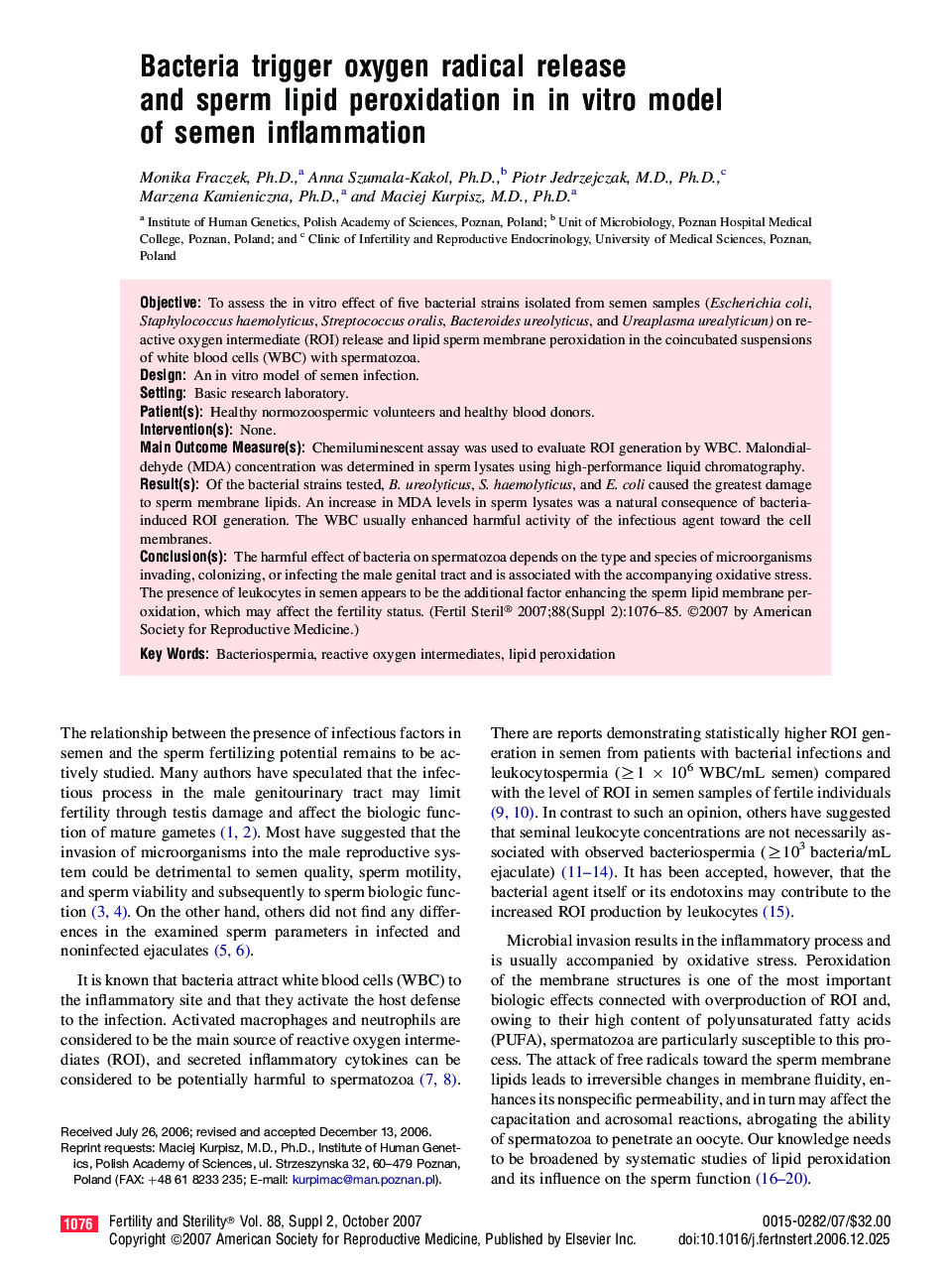 Bacteria trigger oxygen radical release and sperm lipid peroxidation in in vitro model of semen inflammation