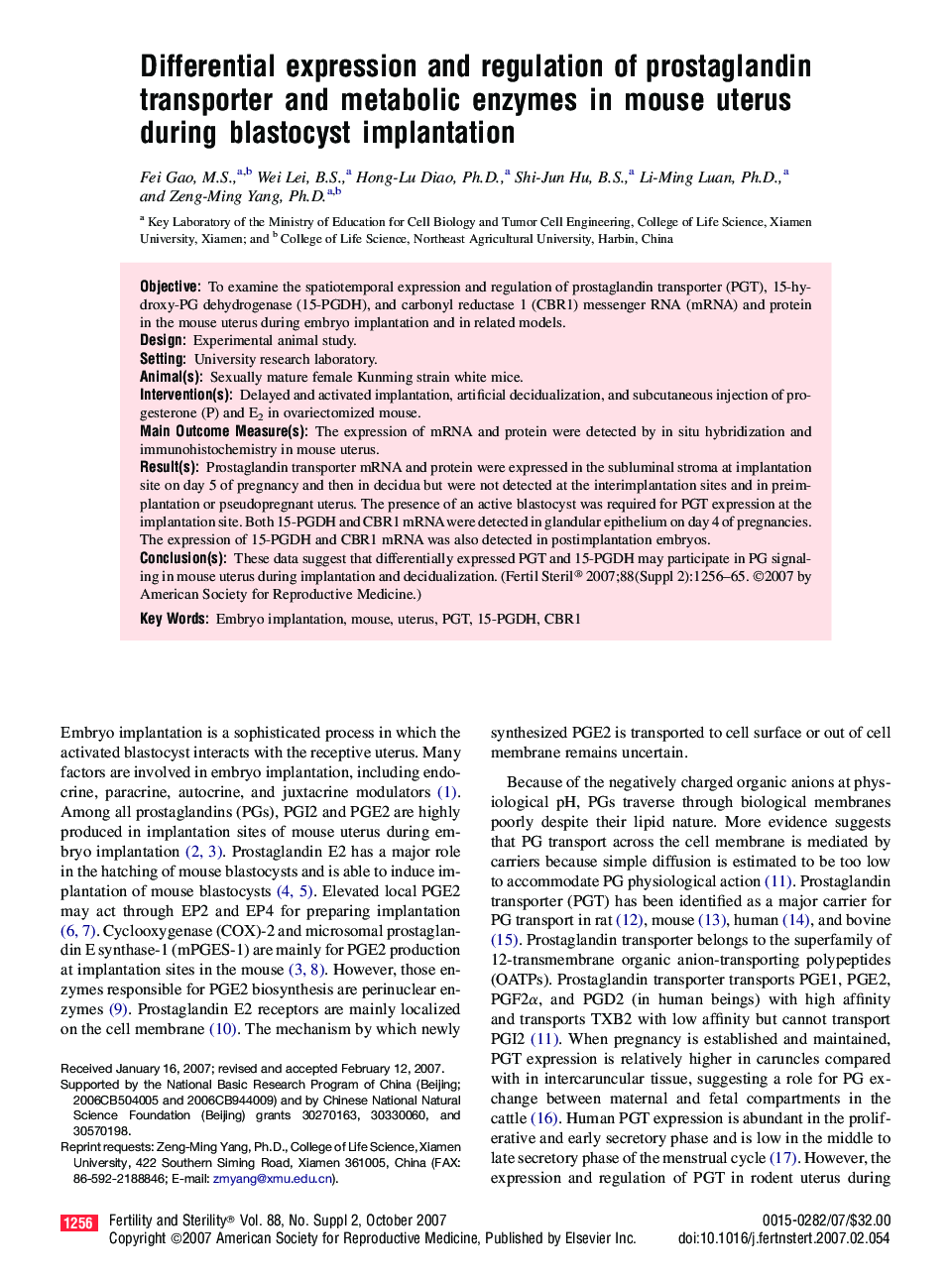 Differential expression and regulation of prostaglandin transporter and metabolic enzymes in mouse uterus during blastocyst implantation 