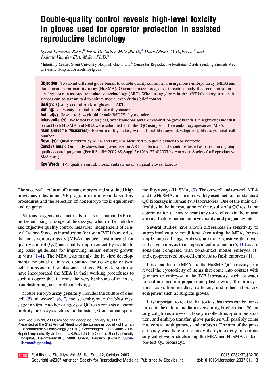 Double-quality control reveals high-level toxicity in gloves used for operator protection in assisted reproductive technology 