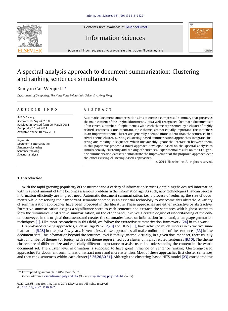 A spectral analysis approach to document summarization: Clustering and ranking sentences simultaneously