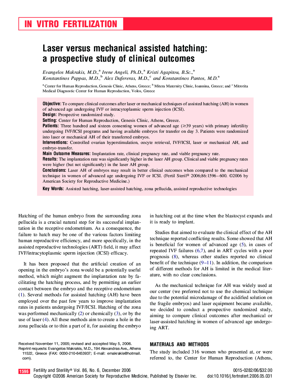 Laser versus mechanical assisted hatching: a prospective study of clinical outcomes