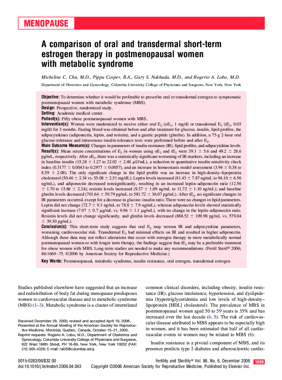 A comparison of oral and transdermal short-term estrogen therapy in postmenopausal women with metabolic syndrome