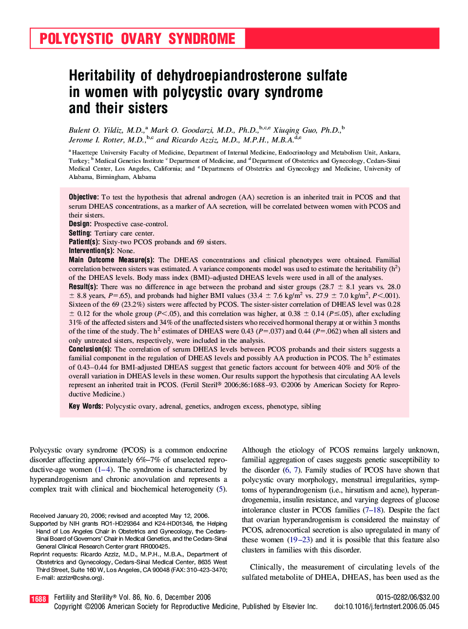 Heritability of dehydroepiandrosterone sulfate in women with polycystic ovary syndrome and their sisters 