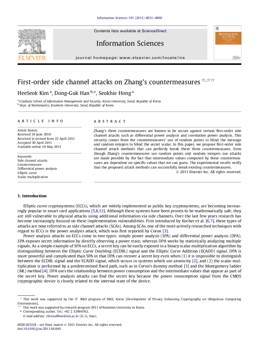 First-order side channel attacks on Zhang’s countermeasures 