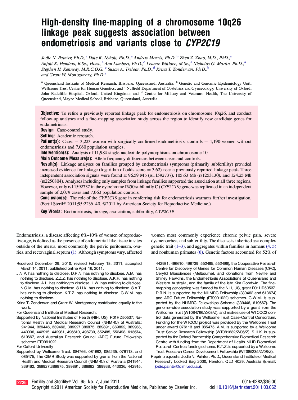 High-density fine-mapping of a chromosome 10q26 linkage peak suggests association between endometriosis and variants close to CYP2C19 