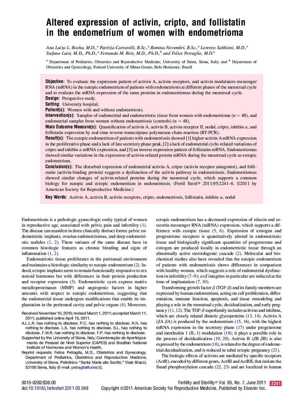 Altered expression of activin, cripto, and follistatin in the endometrium of women with endometrioma 