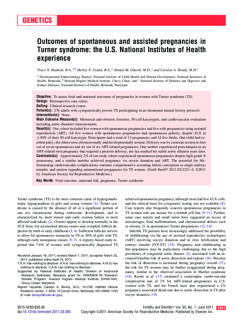 Outcomes of spontaneous and assisted pregnancies in Turner syndrome: the U.S. National Institutes of Health experience 