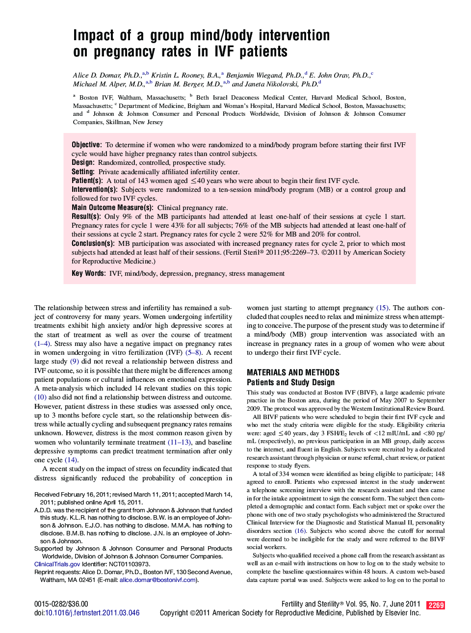 Impact of a group mind/body intervention on pregnancy rates in IVF patients 