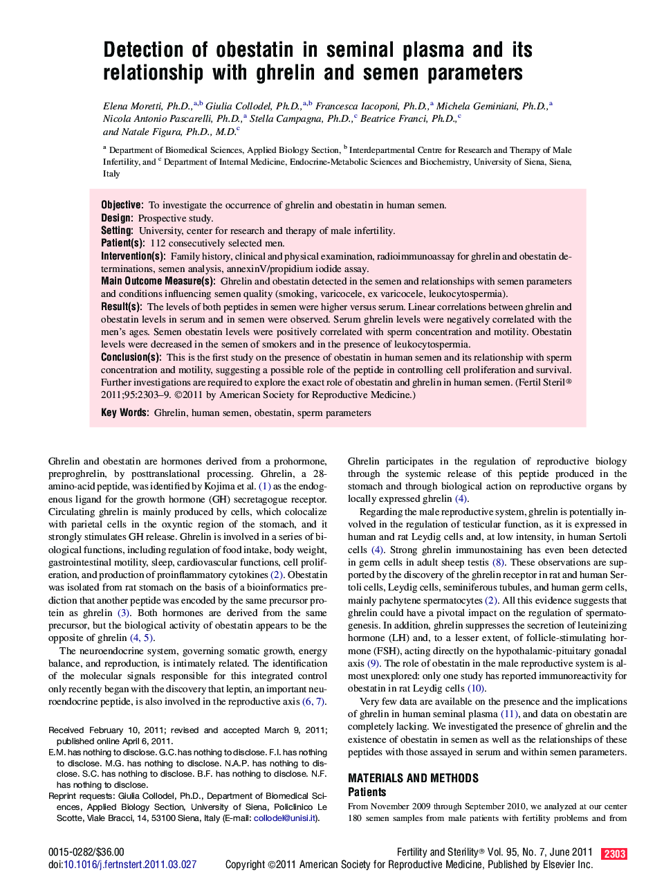 Detection of obestatin in seminal plasma and its relationship with ghrelin and semen parameters 