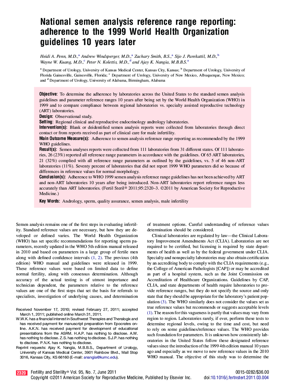 National semen analysis reference range reporting: adherence to the 1999 World Health Organization guidelines 10 years later 