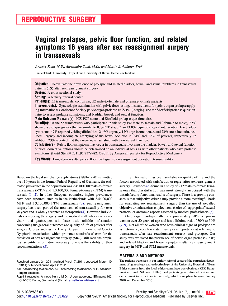 Vaginal prolapse, pelvic floor function, and related symptoms 16 years after sex reassignment surgery in transsexuals 