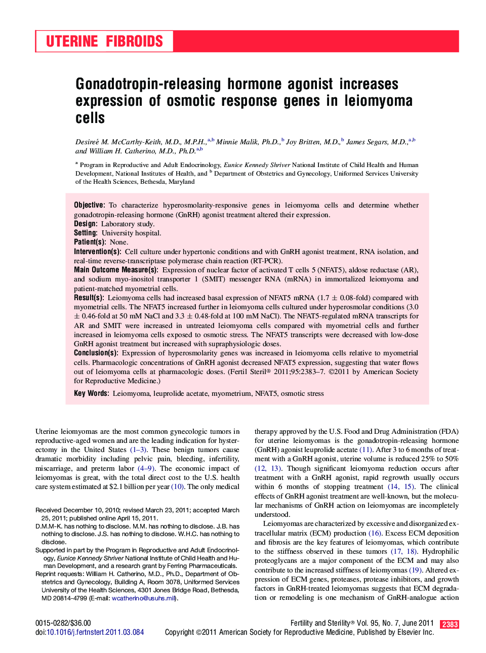 Gonadotropin-releasing hormone agonist increases expression of osmotic response genes in leiomyoma cells 