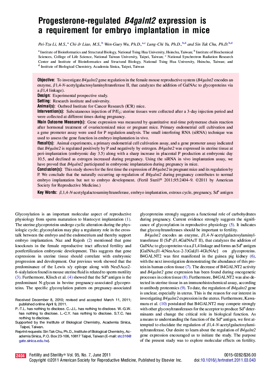 Progesterone-regulated B4galnt2 expression is a requirement for embryo implantation in mice