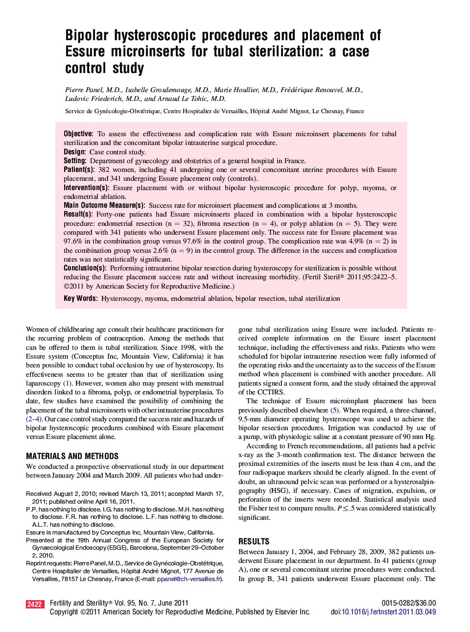 Bipolar hysteroscopic procedures and placement of Essure microinserts for tubal sterilization: a case control study 