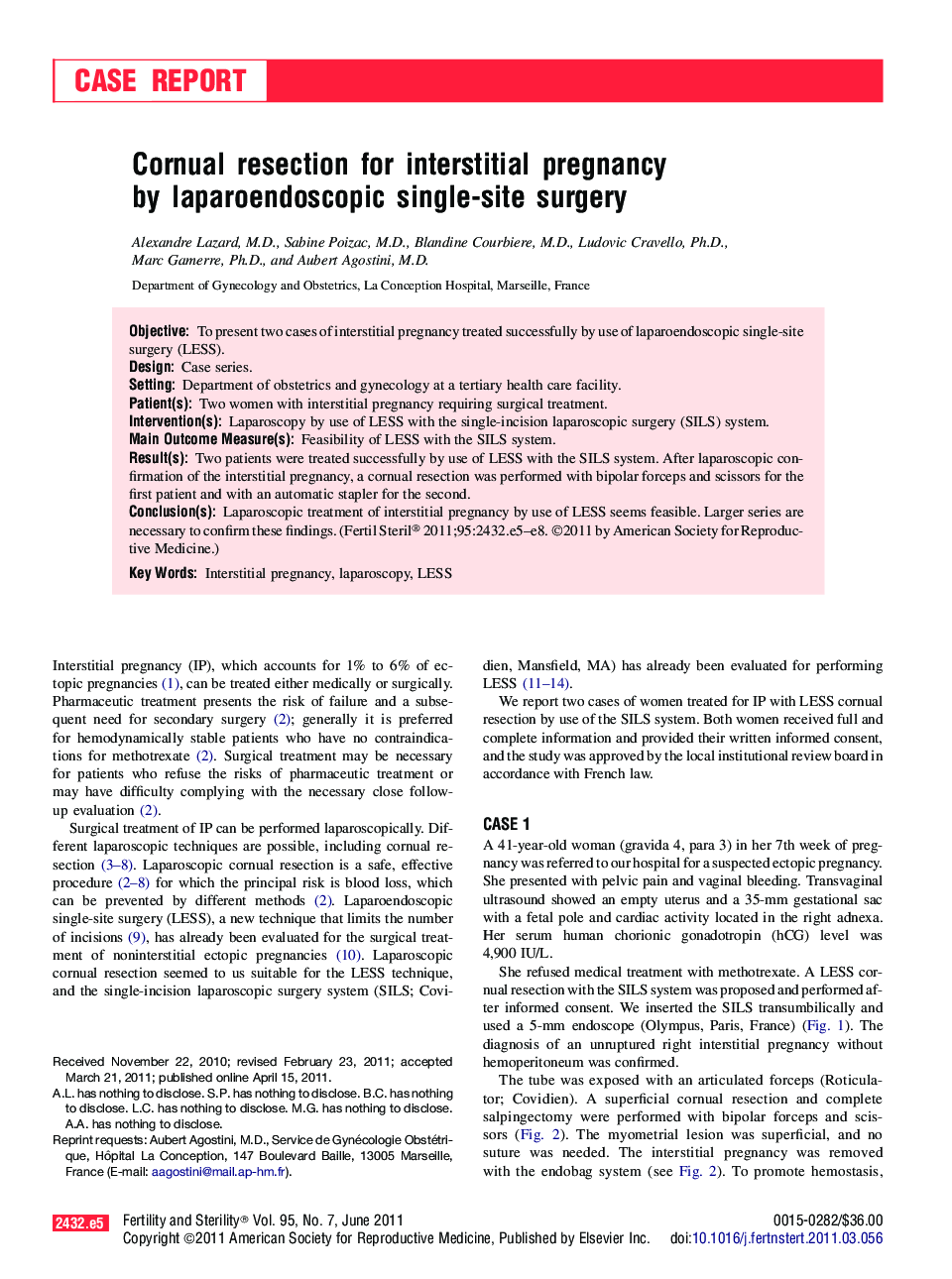 Cornual resection for interstitial pregnancy by laparoendoscopic single-site surgery