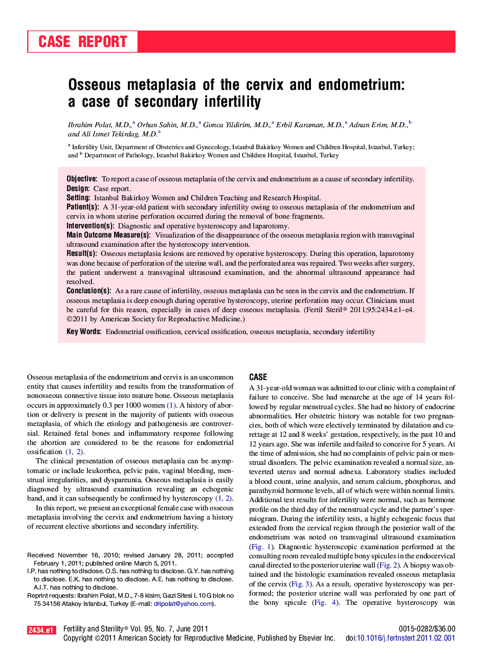 Osseous metaplasia of the cervix and endometrium: a case of secondary infertility