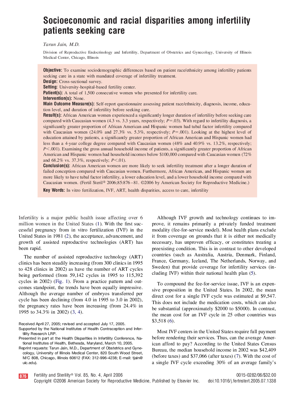 Socioeconomic and racial disparities among infertility patients seeking care 