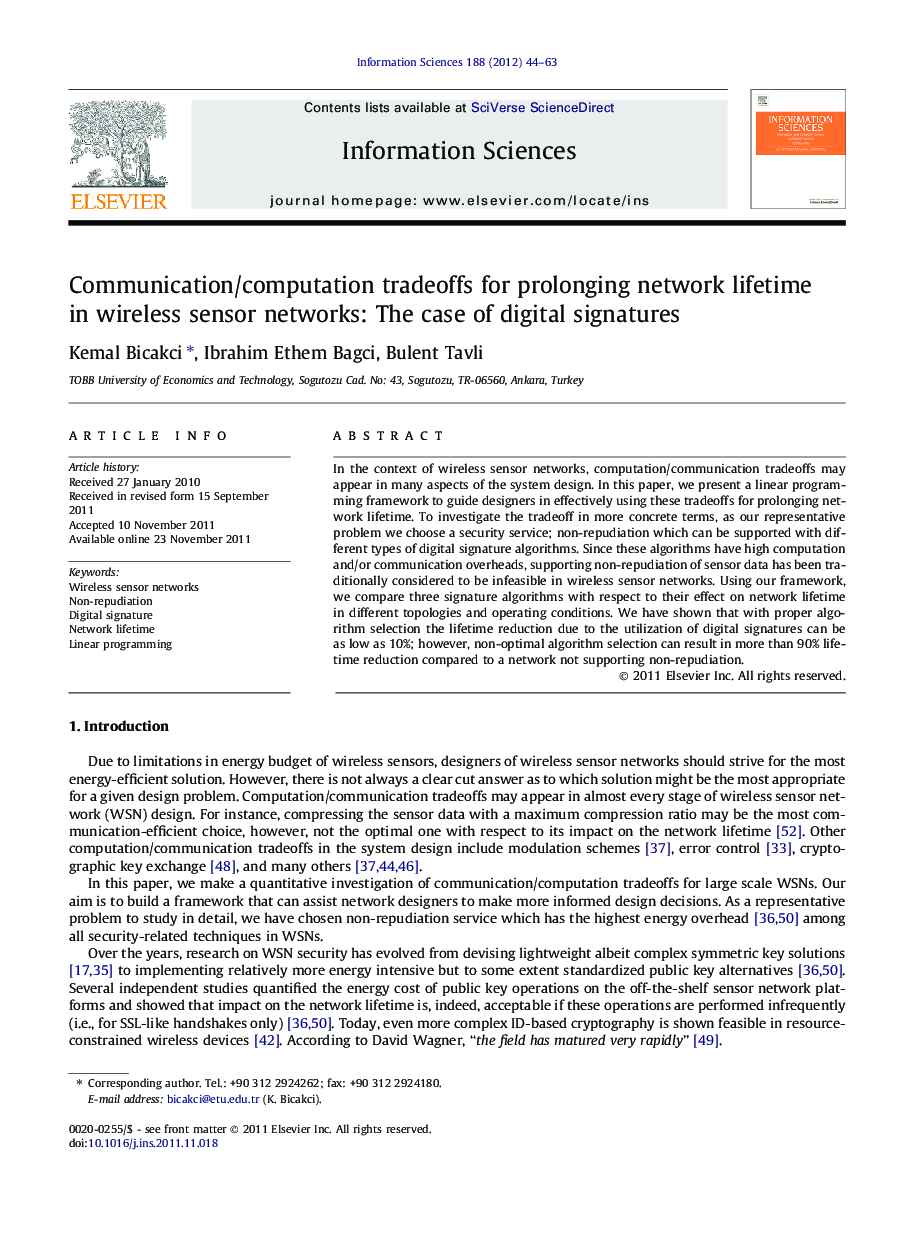 Communication/computation tradeoffs for prolonging network lifetime in wireless sensor networks: The case of digital signatures