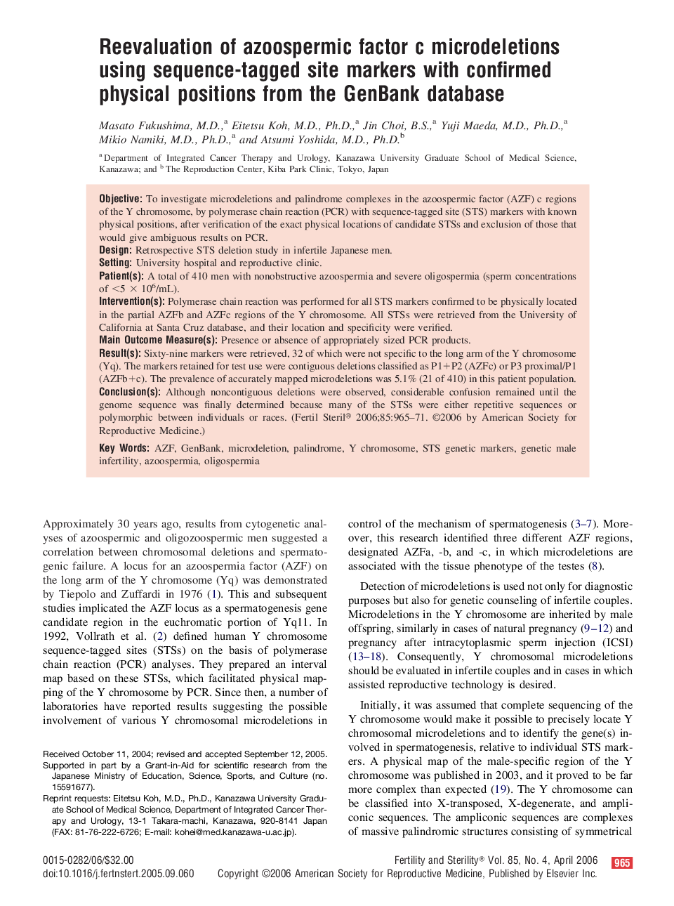 Reevaluation of azoospermic factor c microdeletions using sequence-tagged site markers with confirmed physical positions from the GenBank database 