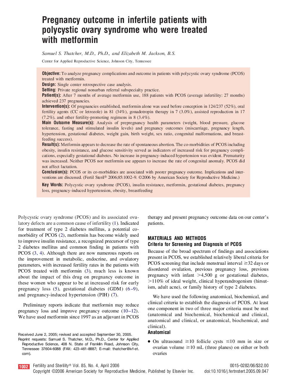 Pregnancy outcome in infertile patients with polycystic ovary syndrome who were treated with metformin