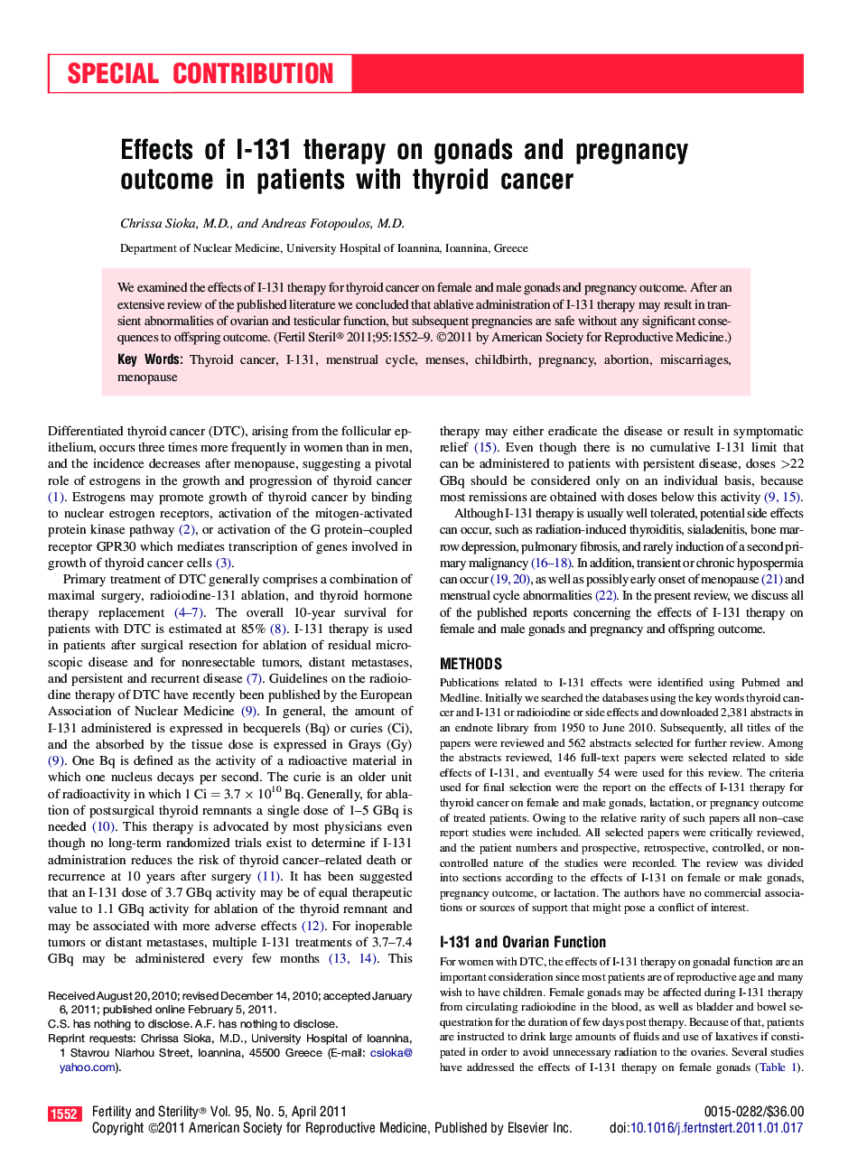 Effects of I-131 therapy on gonads and pregnancy outcome in patients with thyroid cancer 