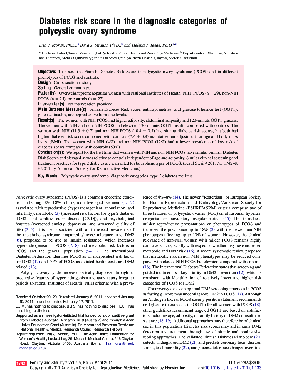 Diabetes risk score in the diagnostic categories of polycystic ovary syndrome 