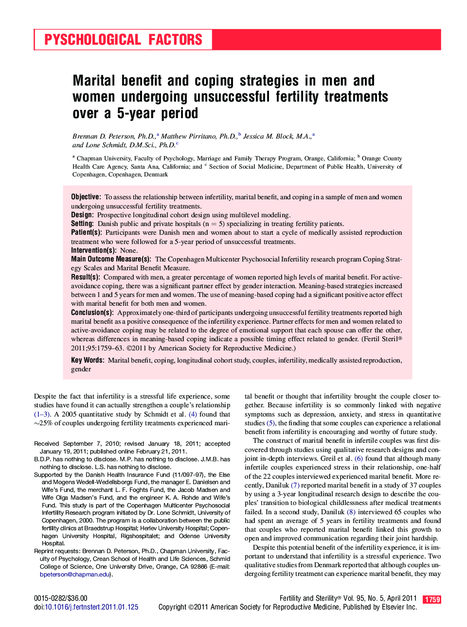 Marital benefit and coping strategies in men and women undergoing unsuccessful fertility treatments over a 5-year period