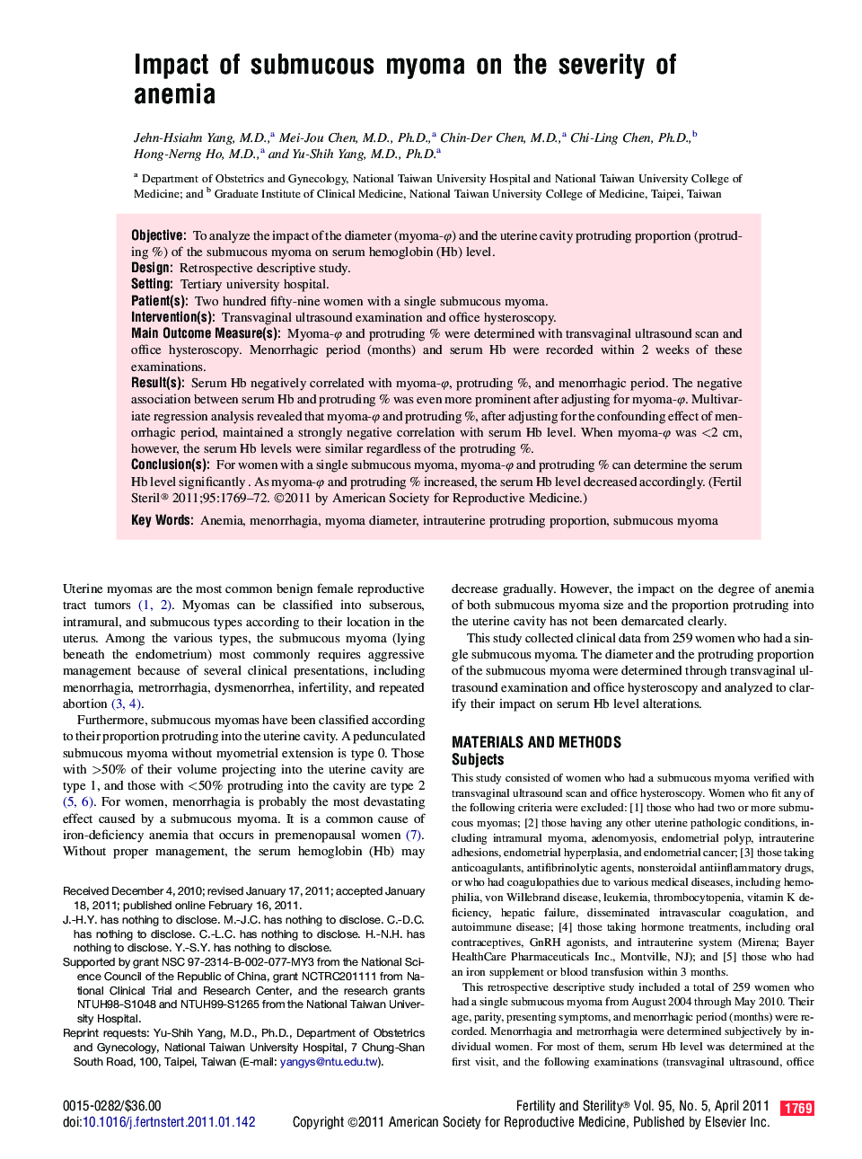 Impact of submucous myoma on the severity of anemia