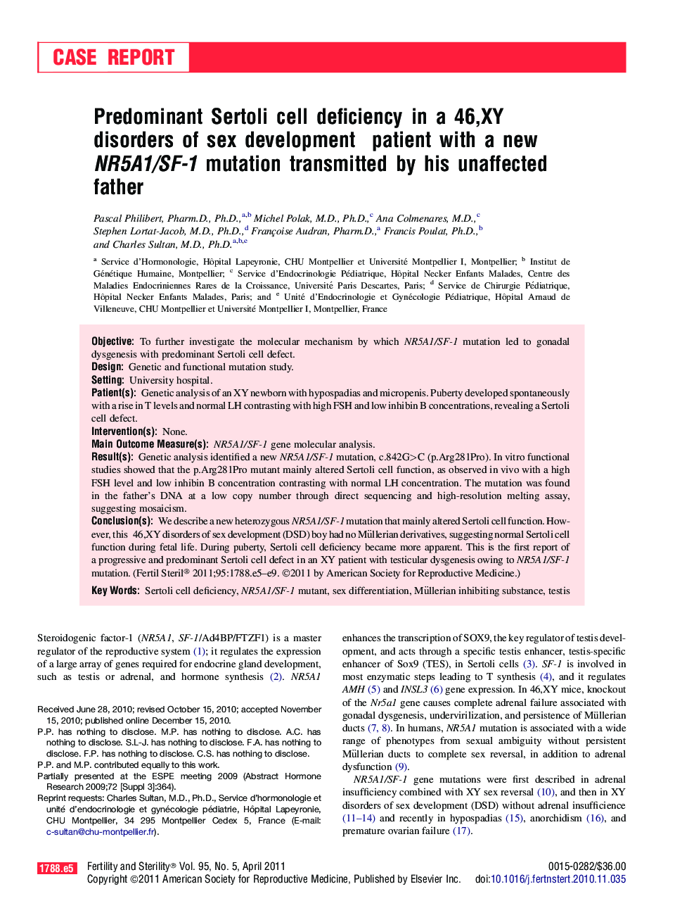 Predominant Sertoli cell deficiency in a 46,XY disorders of sex development patient with a new NR5A1/SF-1 mutation transmitted by his unaffected father