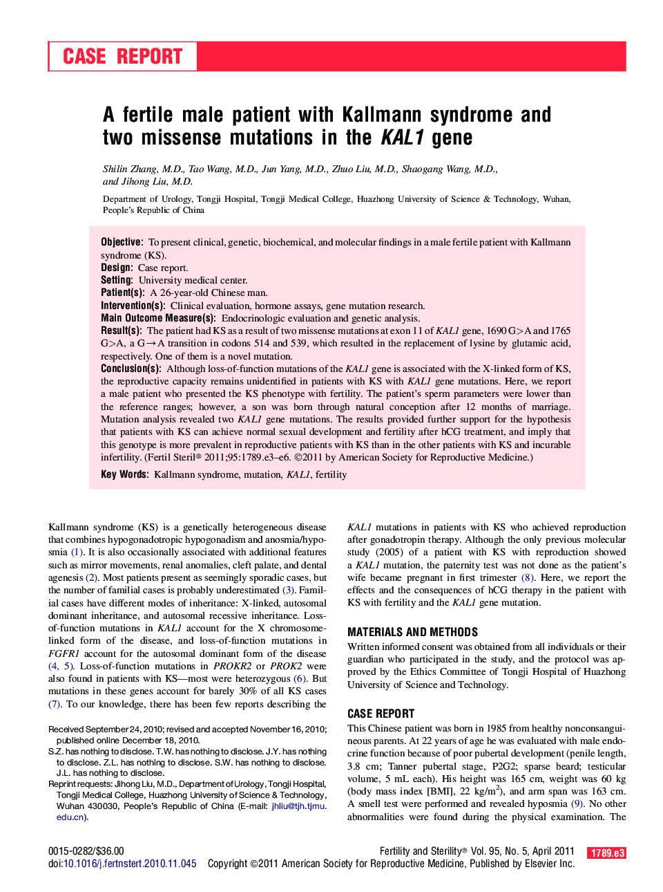 A fertile male patient with Kallmann syndrome and two missense mutations in the KAL1 gene