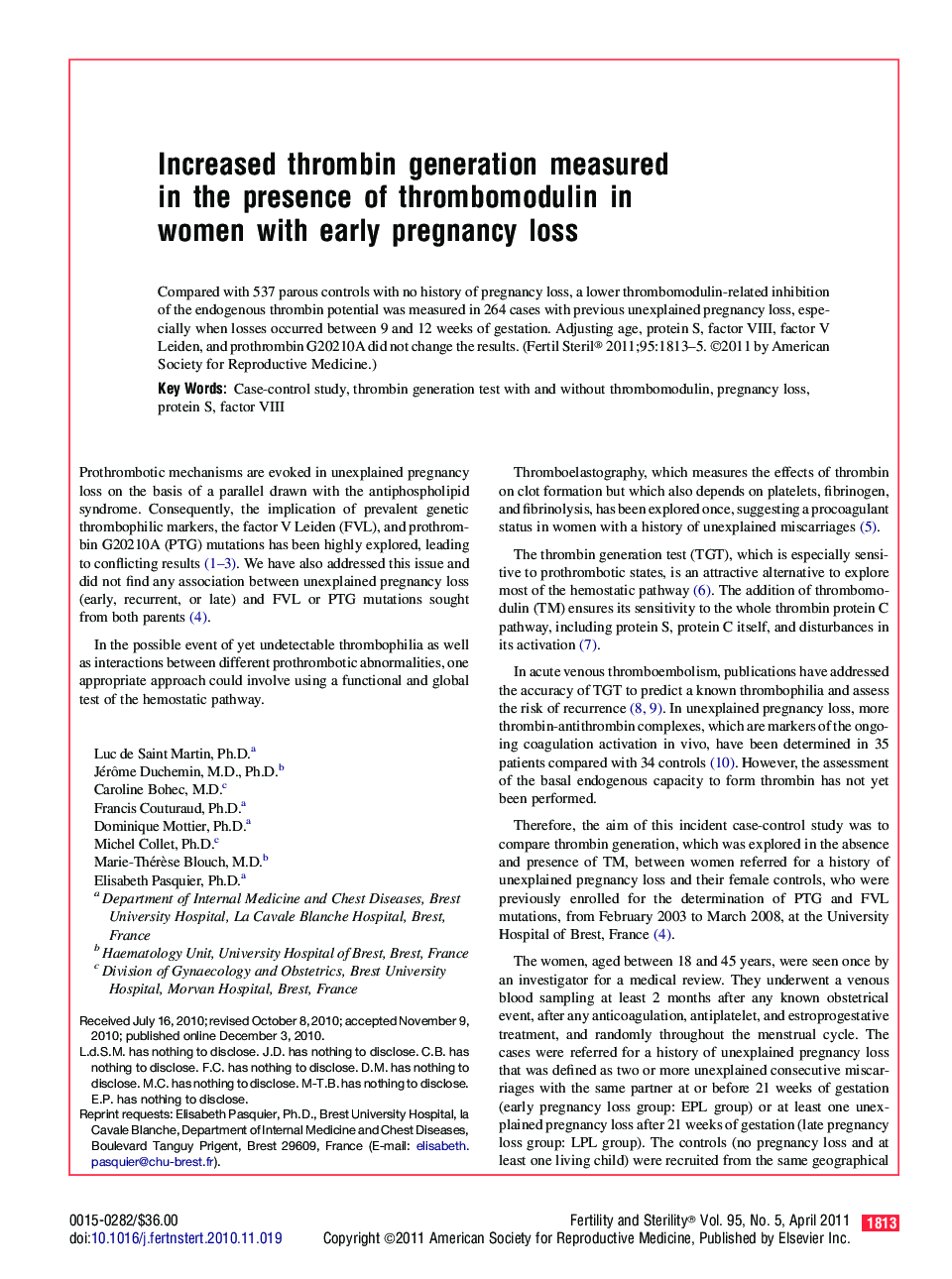 Increased thrombin generation measured in the presence of thrombomodulin in women with early pregnancy loss