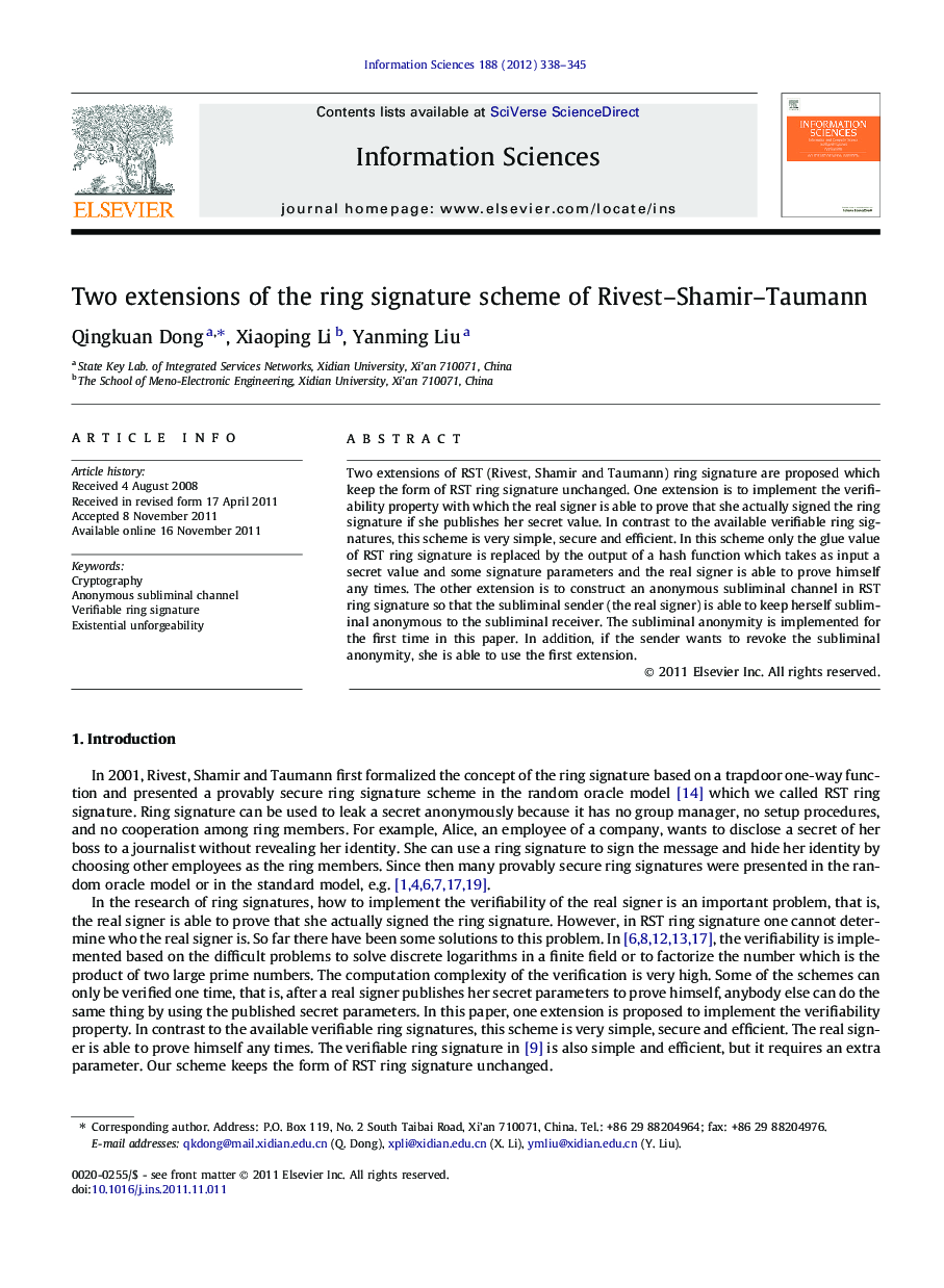 Two extensions of the ring signature scheme of Rivest–Shamir–Taumann
