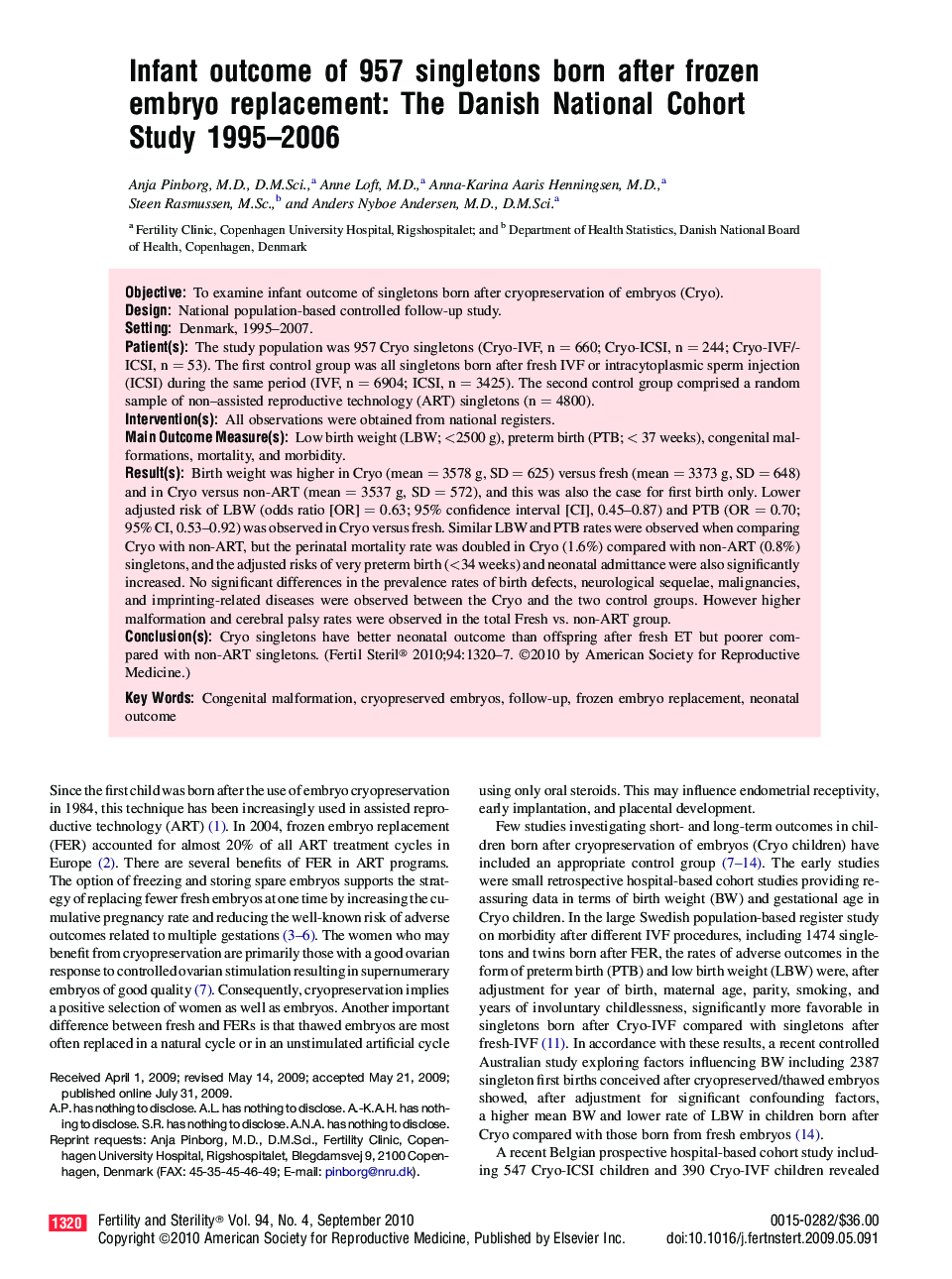 Infant outcome of 957 singletons born after frozen embryo replacement: The Danish National Cohort Study 1995–2006 