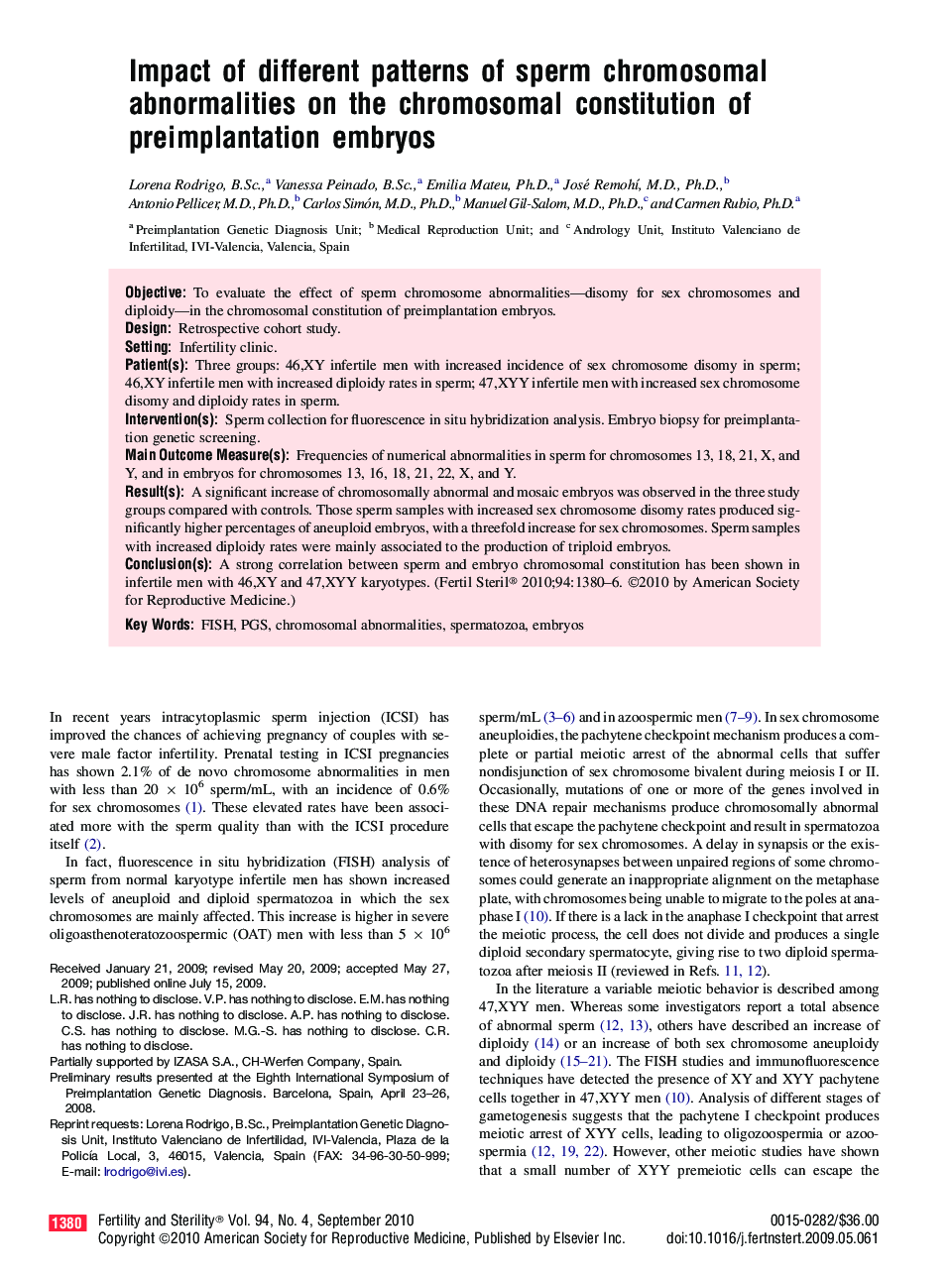 Impact of different patterns of sperm chromosomal abnormalities on the chromosomal constitution of preimplantation embryos 