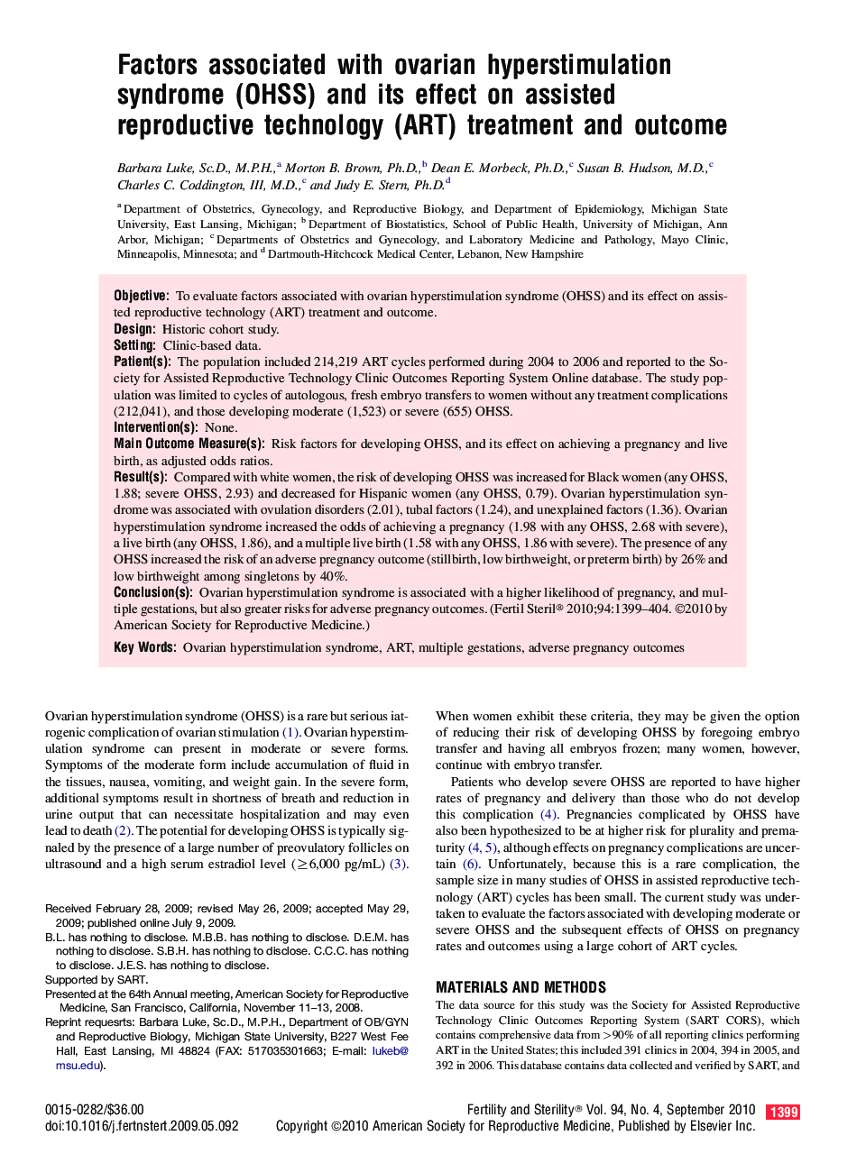 Factors associated with ovarian hyperstimulation syndrome (OHSS) and its effect on assisted reproductive technology (ART) treatment and outcome 
