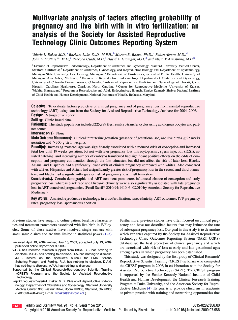 Multivariate analysis of factors affecting probability of pregnancy and live birth with in vitro fertilization: an analysis of the Society for Assisted Reproductive Technology Clinic Outcomes Reporting System 