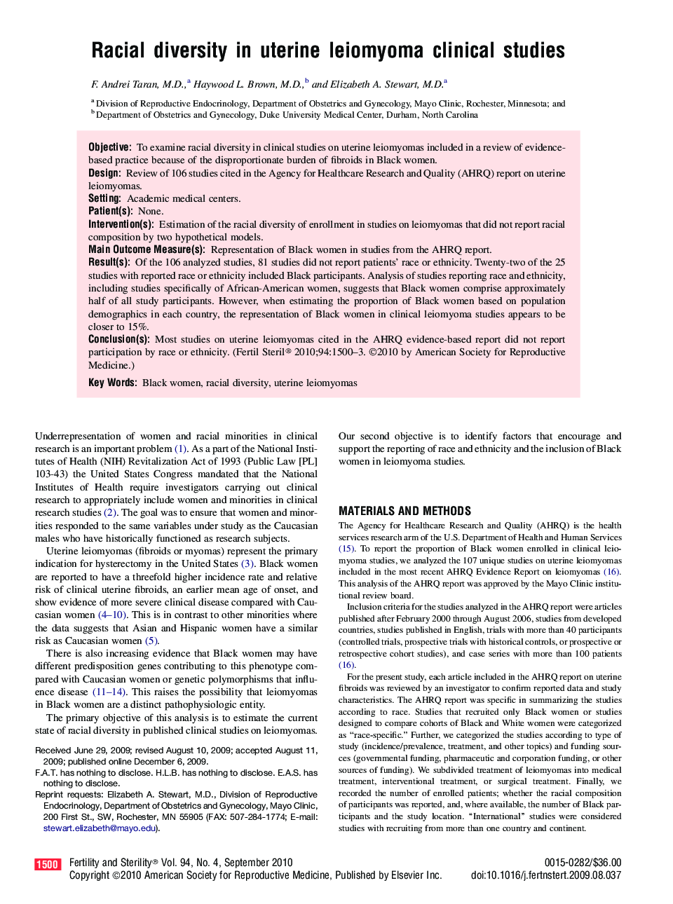 Racial diversity in uterine leiomyoma clinical studies 