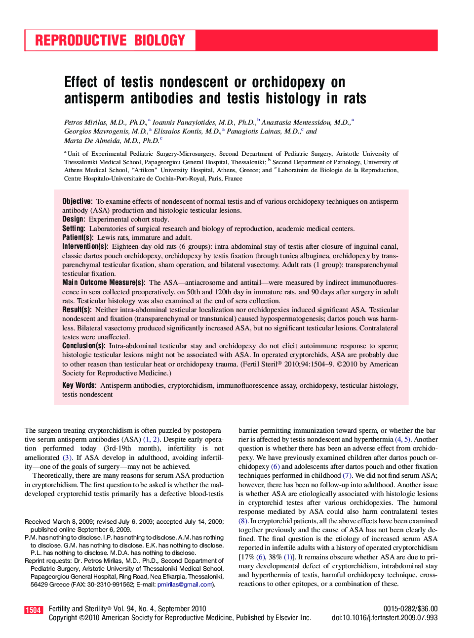Effect of testis nondescent or orchidopexy on antisperm antibodies and testis histology in rats 