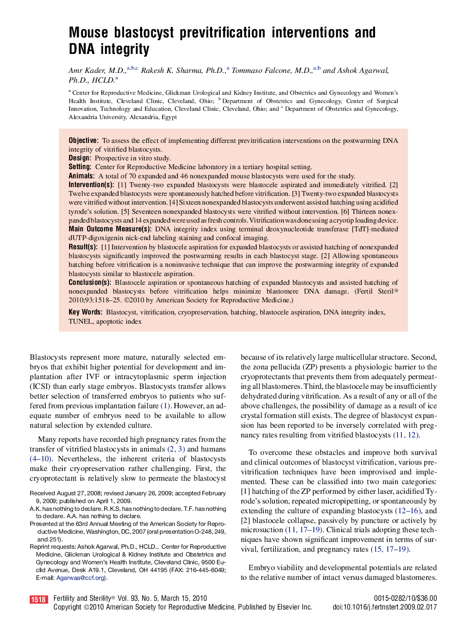 Mouse blastocyst previtrification interventions and DNA integrity 