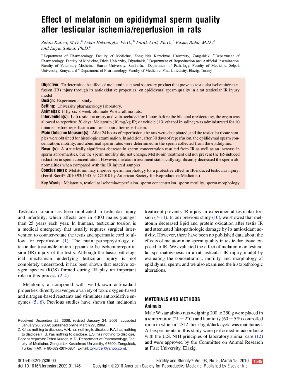 Effect of melatonin on epididymal sperm quality after testicular ischemia/reperfusion in rats 