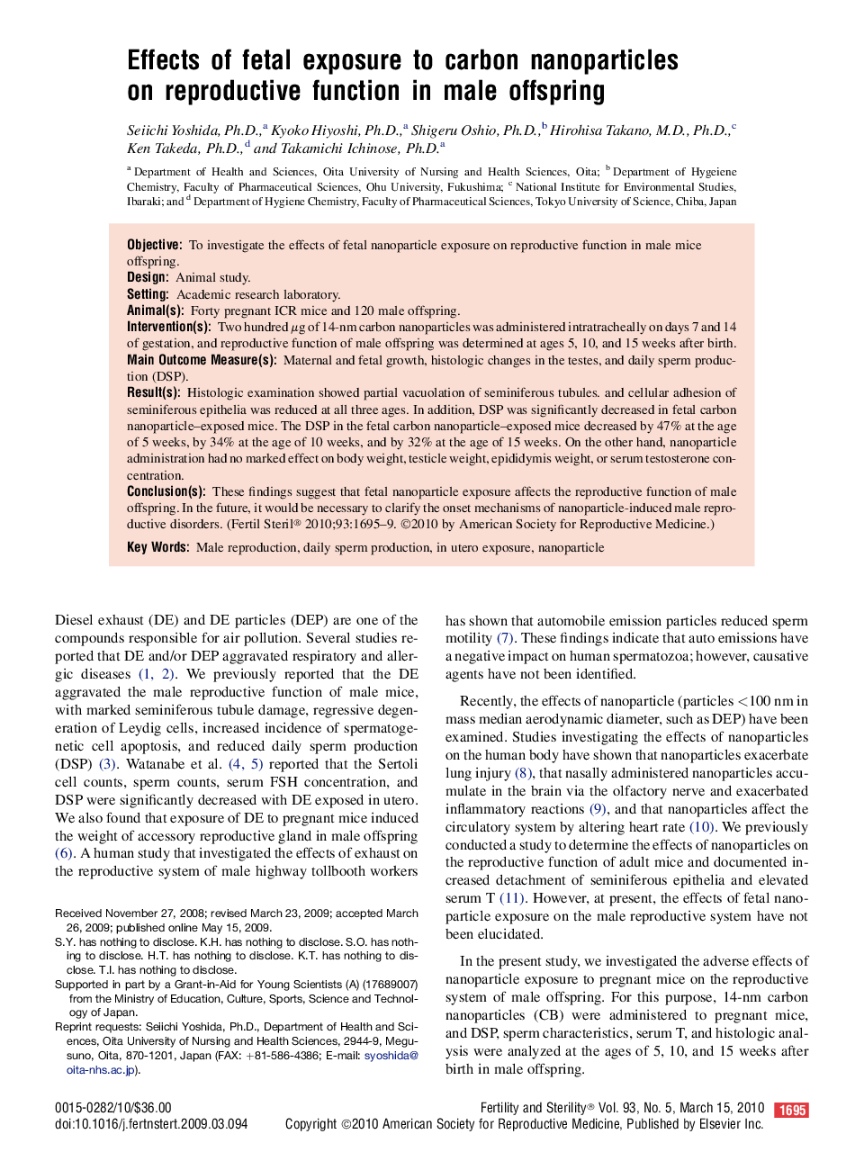 Effects of fetal exposure to carbon nanoparticles on reproductive function in male offspring 