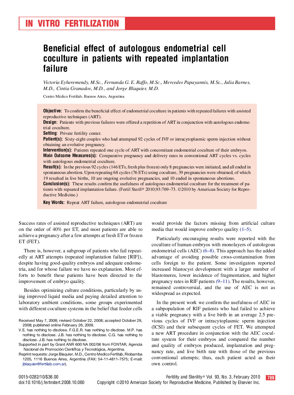 Beneficial effect of autologous endometrial cell coculture in patients with repeated implantation failure 