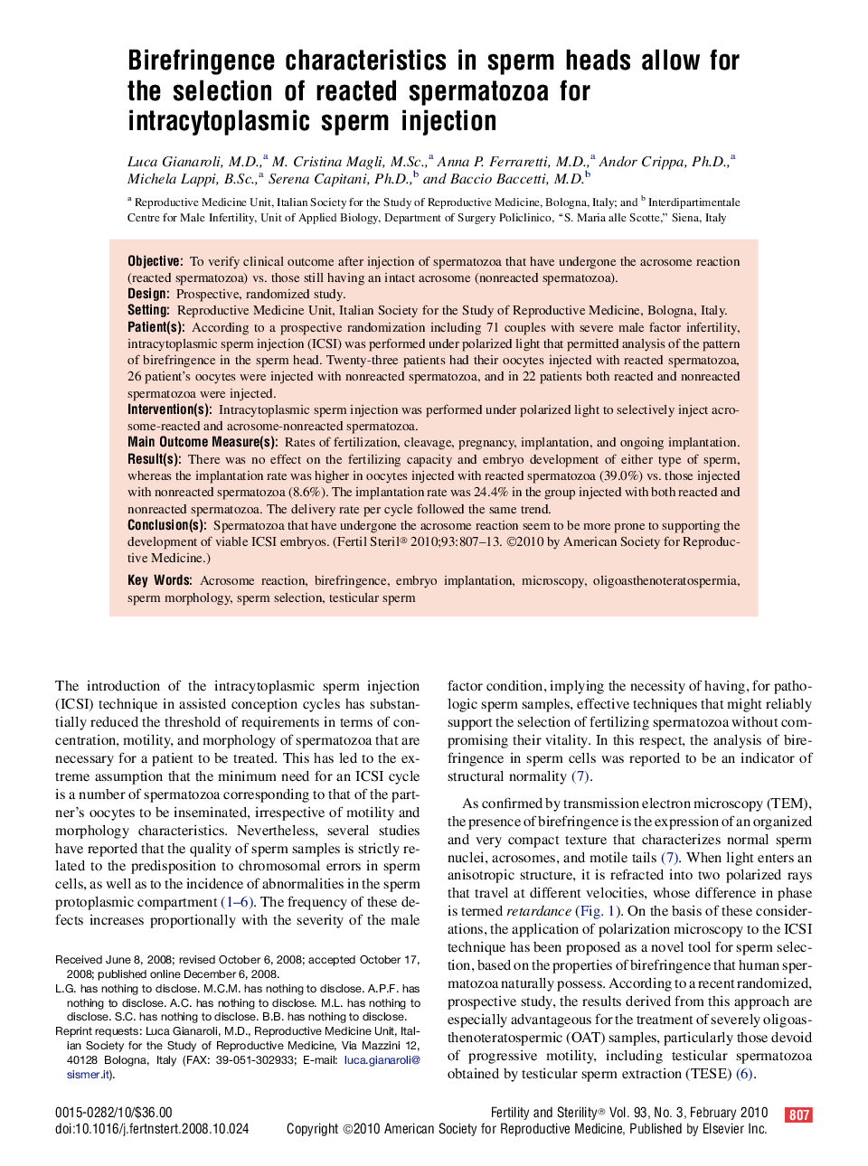 Birefringence characteristics in sperm heads allow for the selection of reacted spermatozoa for intracytoplasmic sperm injection 