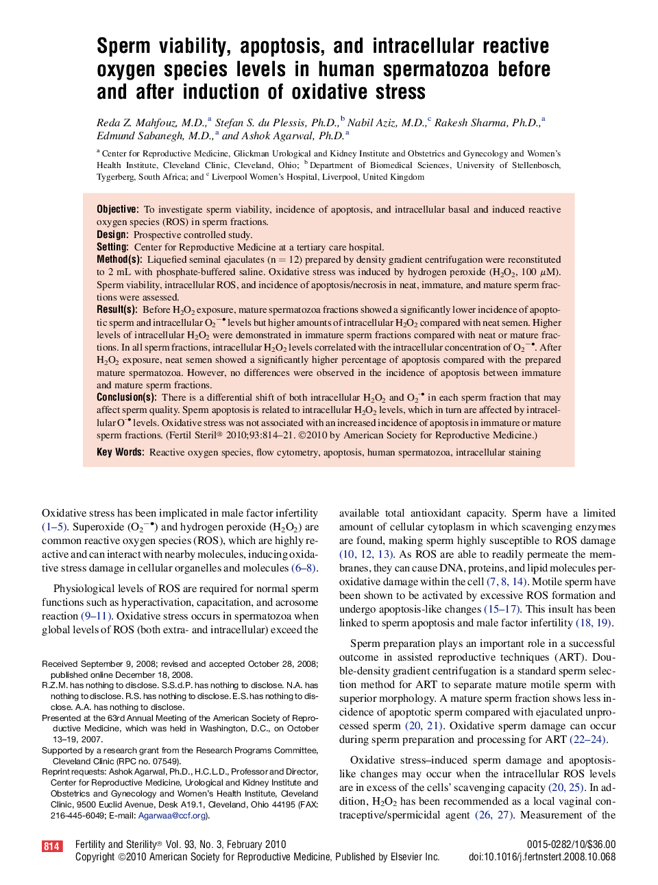 Sperm viability, apoptosis, and intracellular reactive oxygen species levels in human spermatozoa before and after induction of oxidative stress 