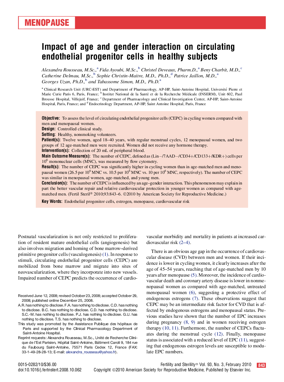 Impact of age and gender interaction on circulating endothelial progenitor cells in healthy subjects 