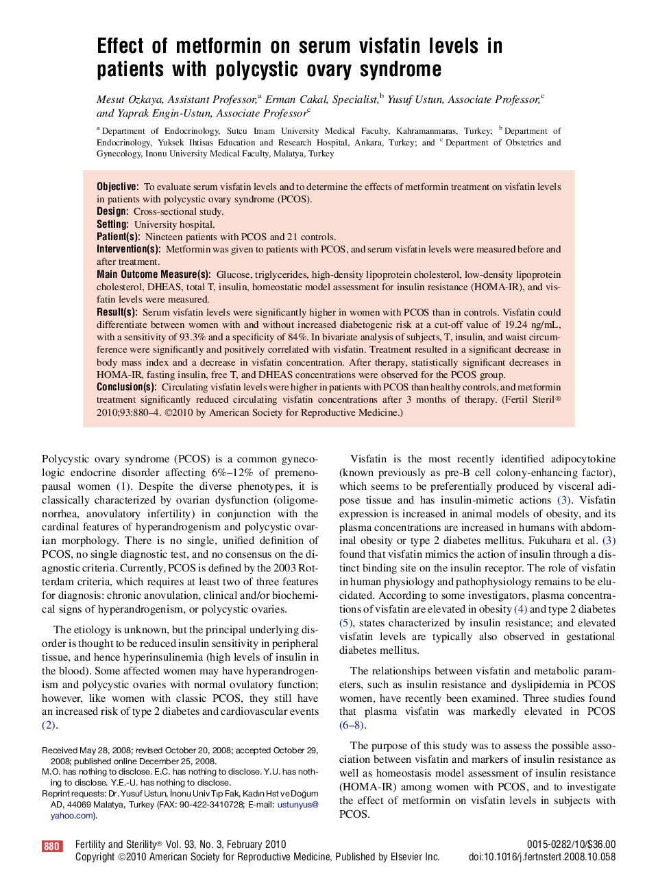 Effect of metformin on serum visfatin levels in patients with polycystic ovary syndrome 