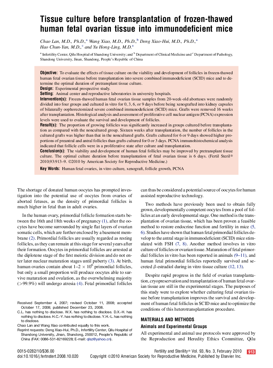 Tissue culture before transplantation of frozen-thawed human fetal ovarian tissue into immunodeficient mice 