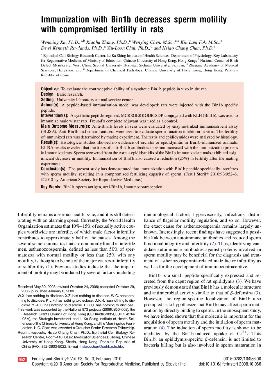 Immunization with Bin1b decreases sperm motility with compromised fertility in rats